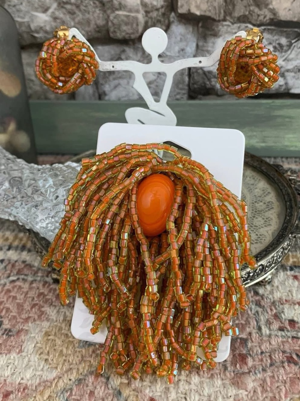 Vintage Signed Lion Mane Beads Orange Cabochon Brooch Pin Clip Earrings Demi Set